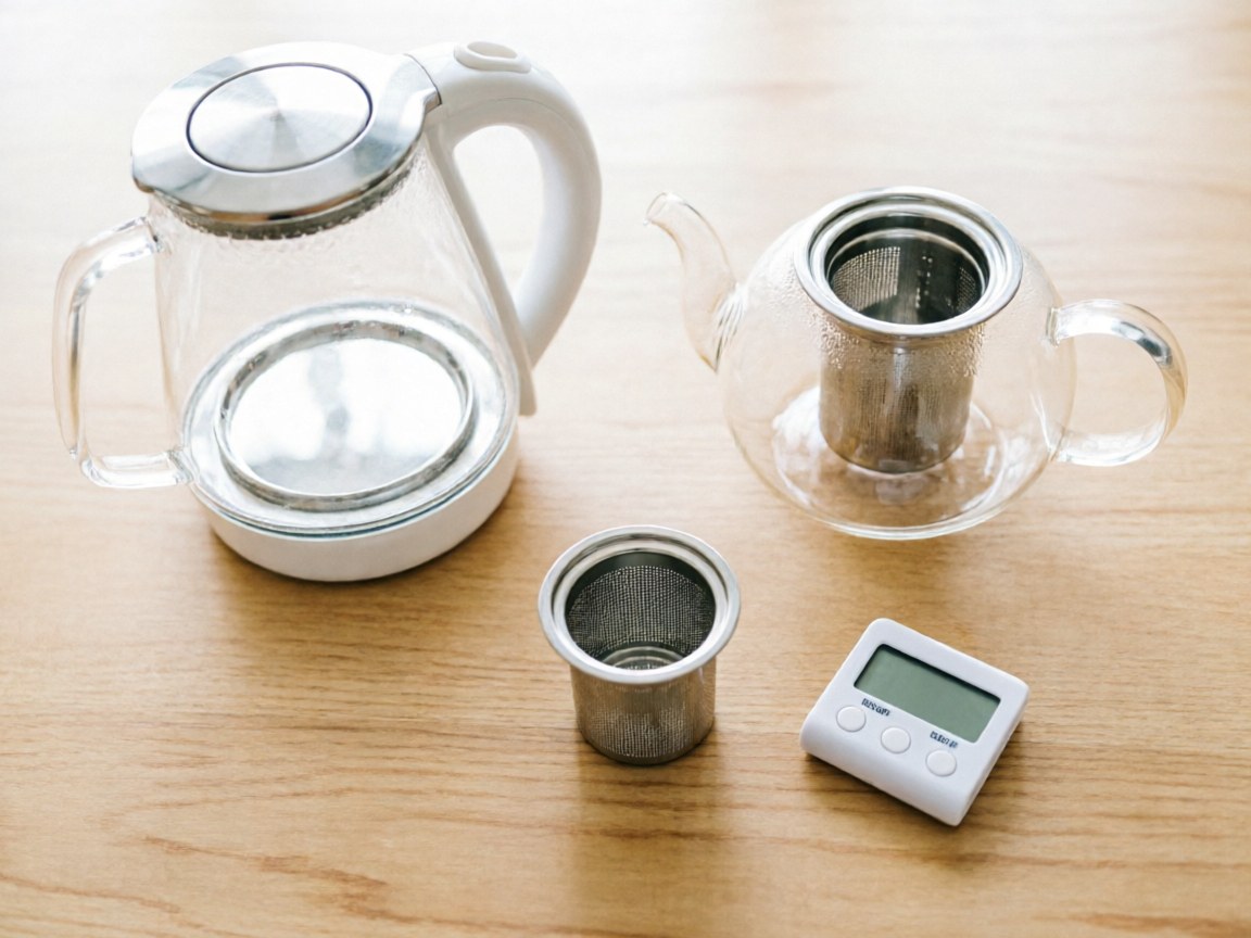 Western green brew kit: kettle, glass pot, basket infuser, timer