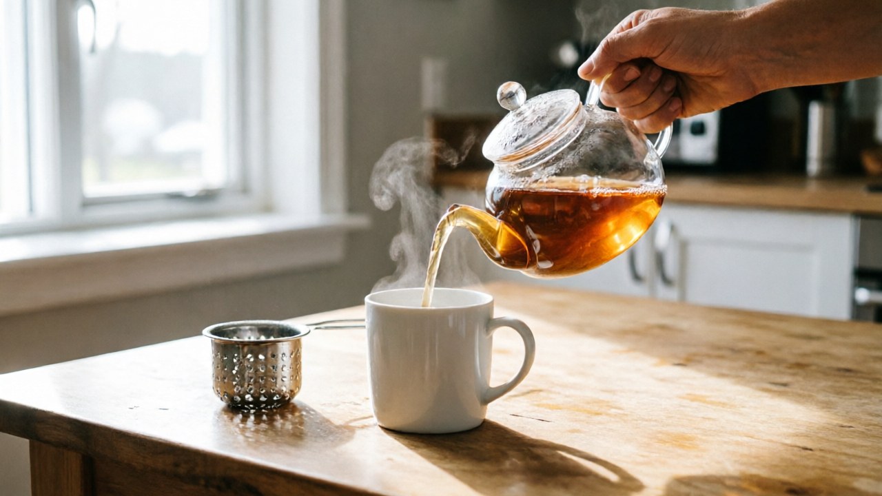 Western brew pour from glass teapot into mug, basket removed