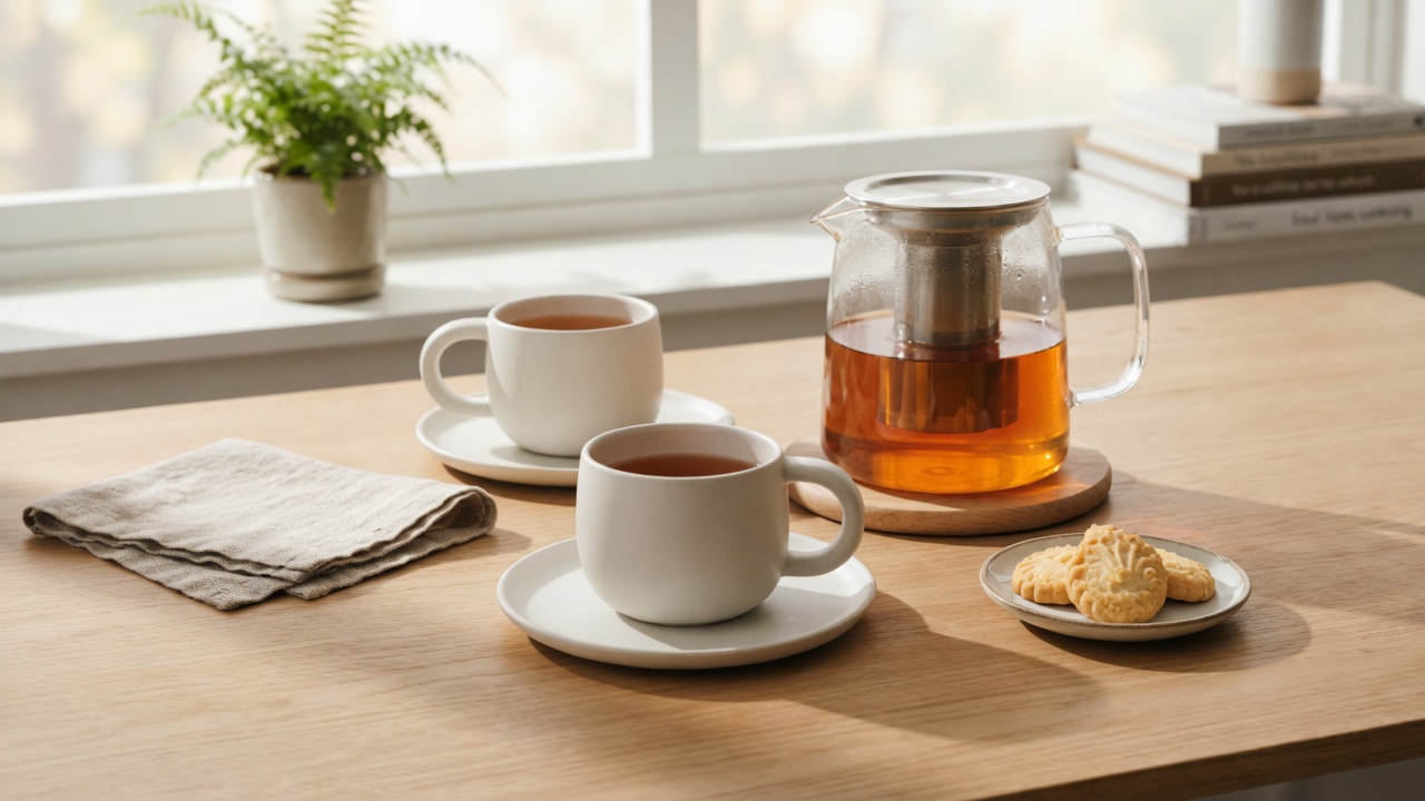 Cups of black tea and glass teapot on a sunny table