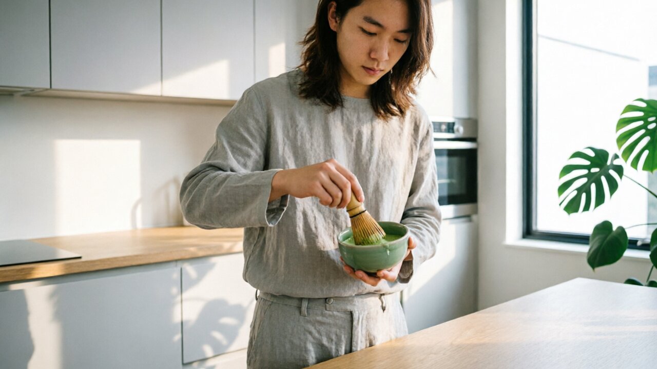 Person whisking matcha in a kitchen at home
