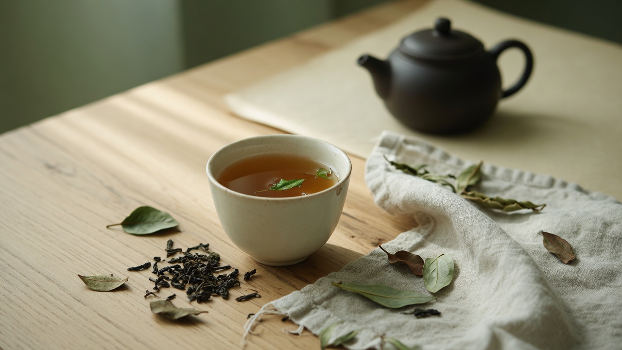 Ceramic cup of tea, loose leaves, and teapot on a quiet wooden table