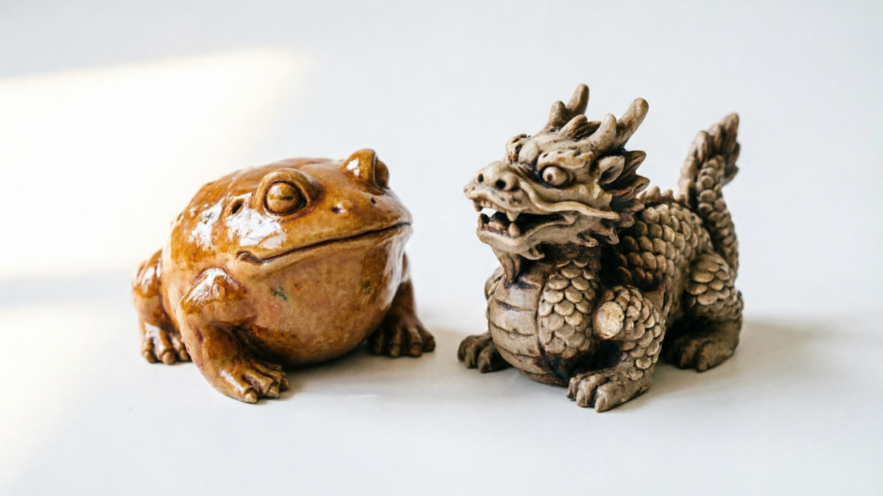 Two ceramic tea pet figurines photographed on a wood tray: a glossy amber toad on the left and a matte gray dragon on the right