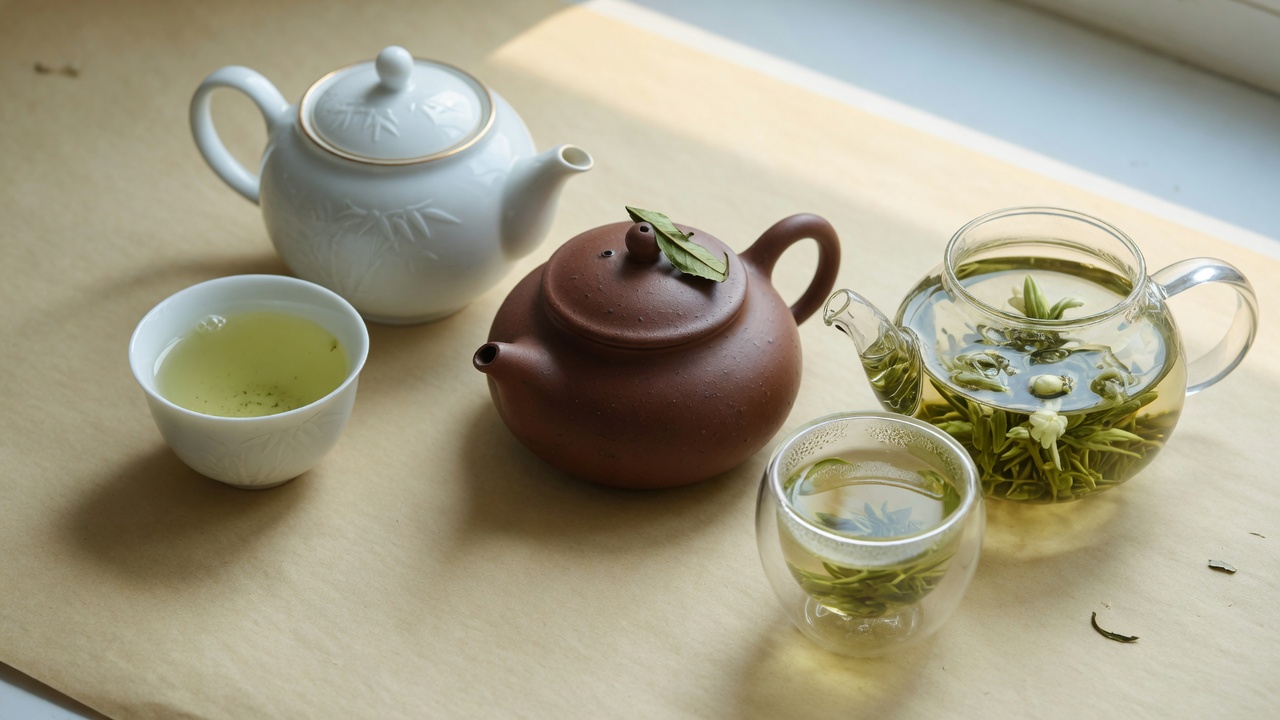 Three small Japanese kyusu teapots photographed in a row at increasing sizes from left to right, with cups beside each for scale
