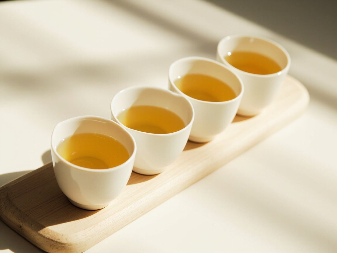 Light porcelain cups with pale tea liquor for learning color and taste
