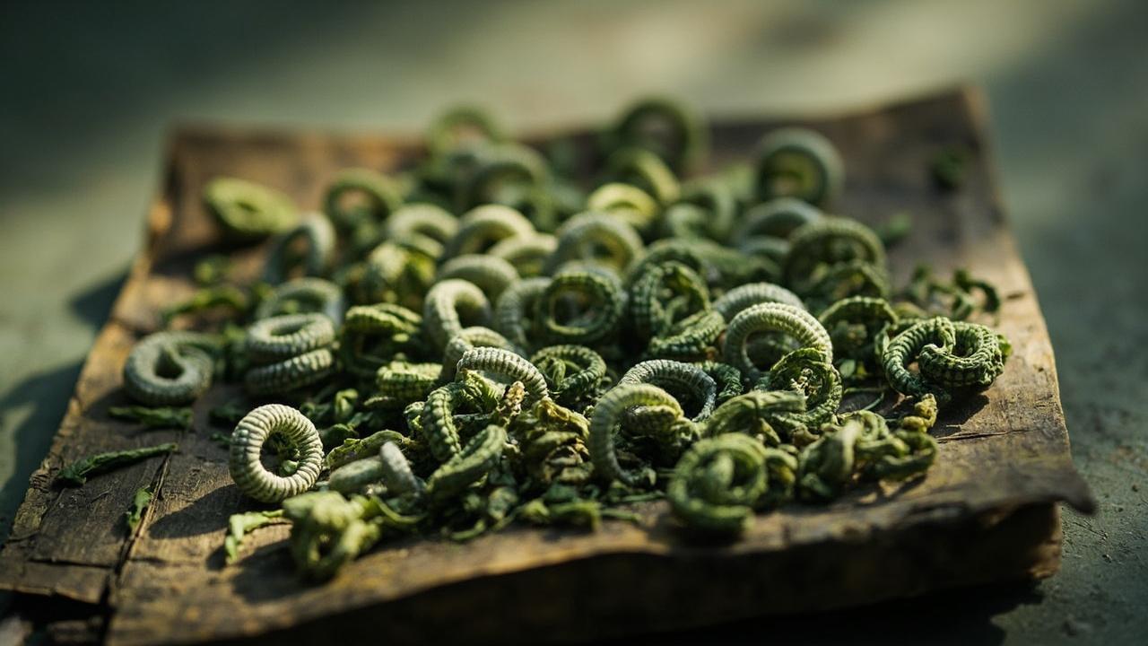 Spiral-rolled Biluochun tea leaves.