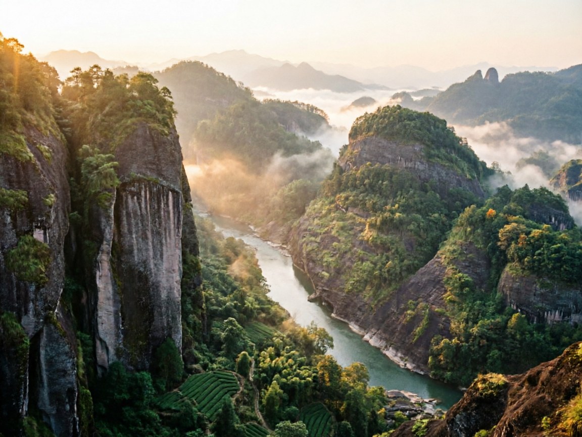 Wuyi Mountains cliffside tea gardens in Fujian — rock terroir behind Da Hong Pao