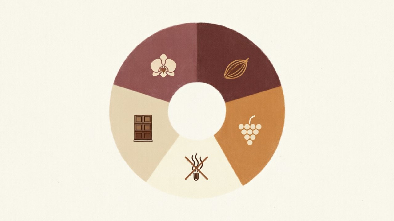 Five circular icons arranged in a wheel pattern evoking the Keemun aroma family: an orchid, a cocoa pod, a wine glass, a malt grain, and an open hand, on a soft cream background. Photo used as a decorative cue — refer to the article body text for the labeled aroma list.