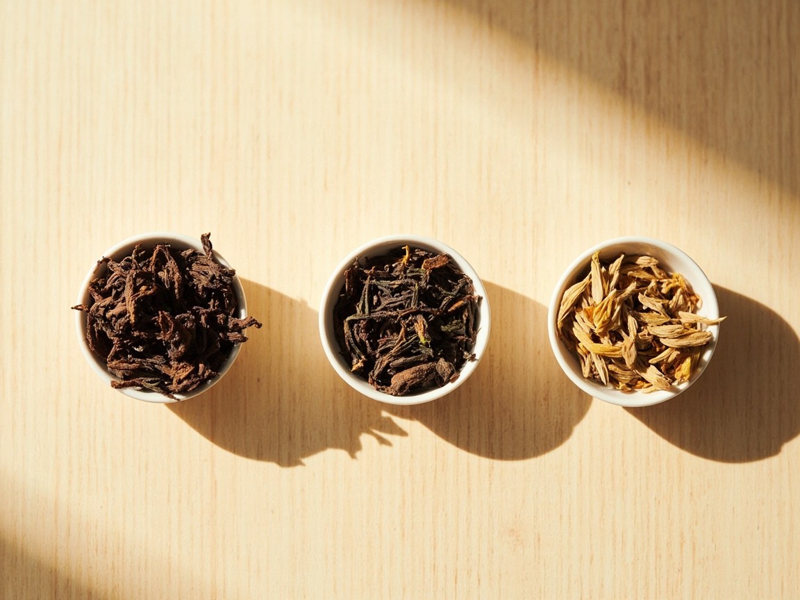 Three small white porcelain dishes arranged in a row on a light wood surface, photographed from above with warm sunlight. Each dish holds a small quantity of loose-leaf Keemun black tea at a different plucking grade. Image is a decorative illustration of the three-grade concept; refer to the article body text for details on Hao Ya, Mao Feng, and Congou leaf style.