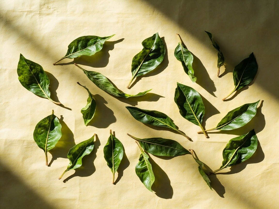 A small handful of dry Longjing green tea leaves arranged on cream-colored unbleached paper, showing glossy emerald-green leaves, photographed from above with warm afternoon light