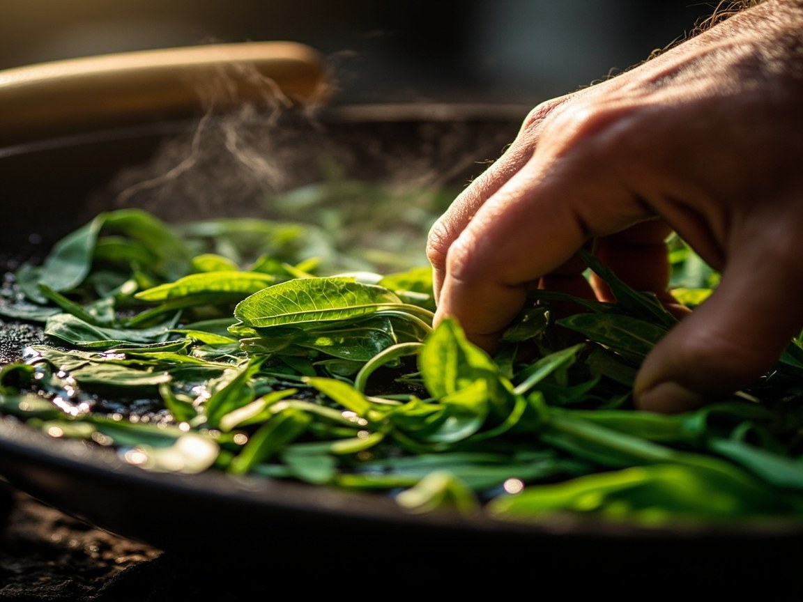 A close-up of a hand pressing fresh green tea leaves flat against the surface of a hot wok with bare fingers, with steam rising from the pan, showing the traditional Chinese pan-firing technique