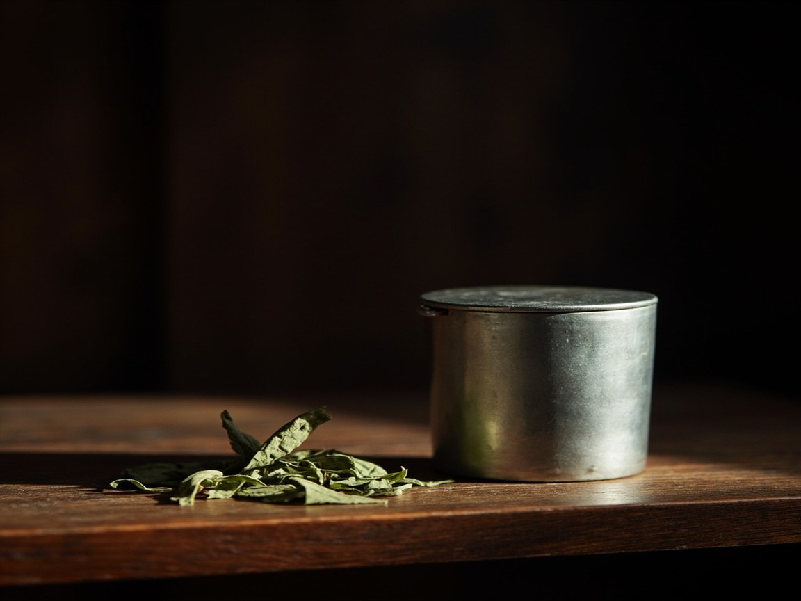 A small traditional cylindrical metal tea storage caddy with a fitted lid sitting on a dark wood shelf next to a few dry green tea leaves scattered on the surface, soft natural light from upper left