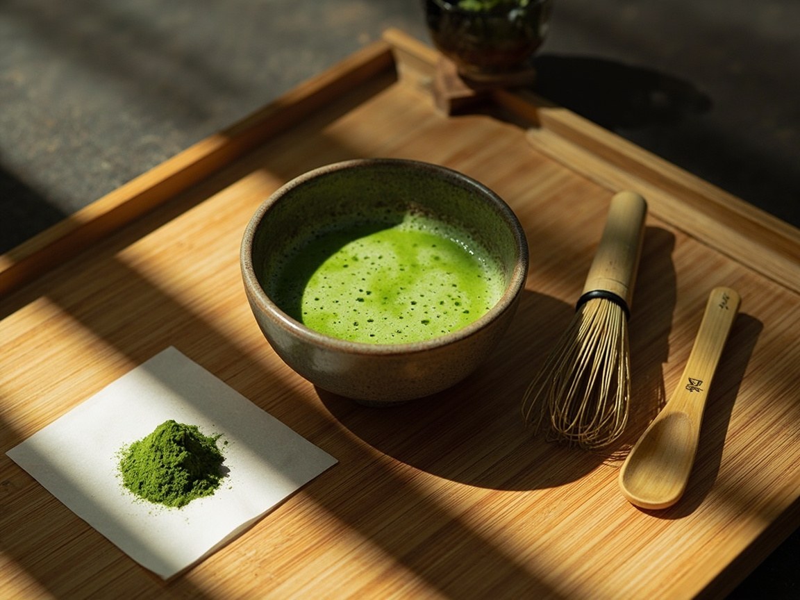 Matcha being whisked in a chawan using a bamboo chasen.