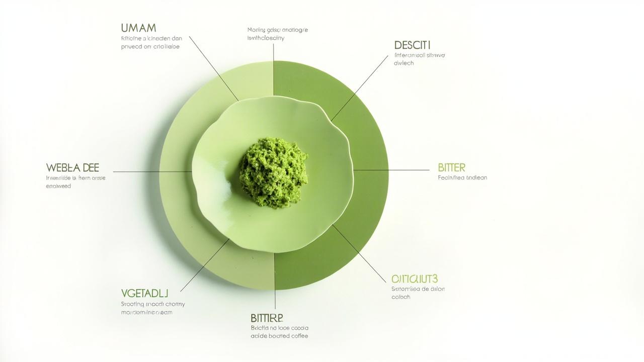 A stylized circular chart evoking the matcha flavor family, photographed as a decorative still life. Refer to the article body text for the labeled list of umami, vegetal, sweet, bitter, and marine notes.