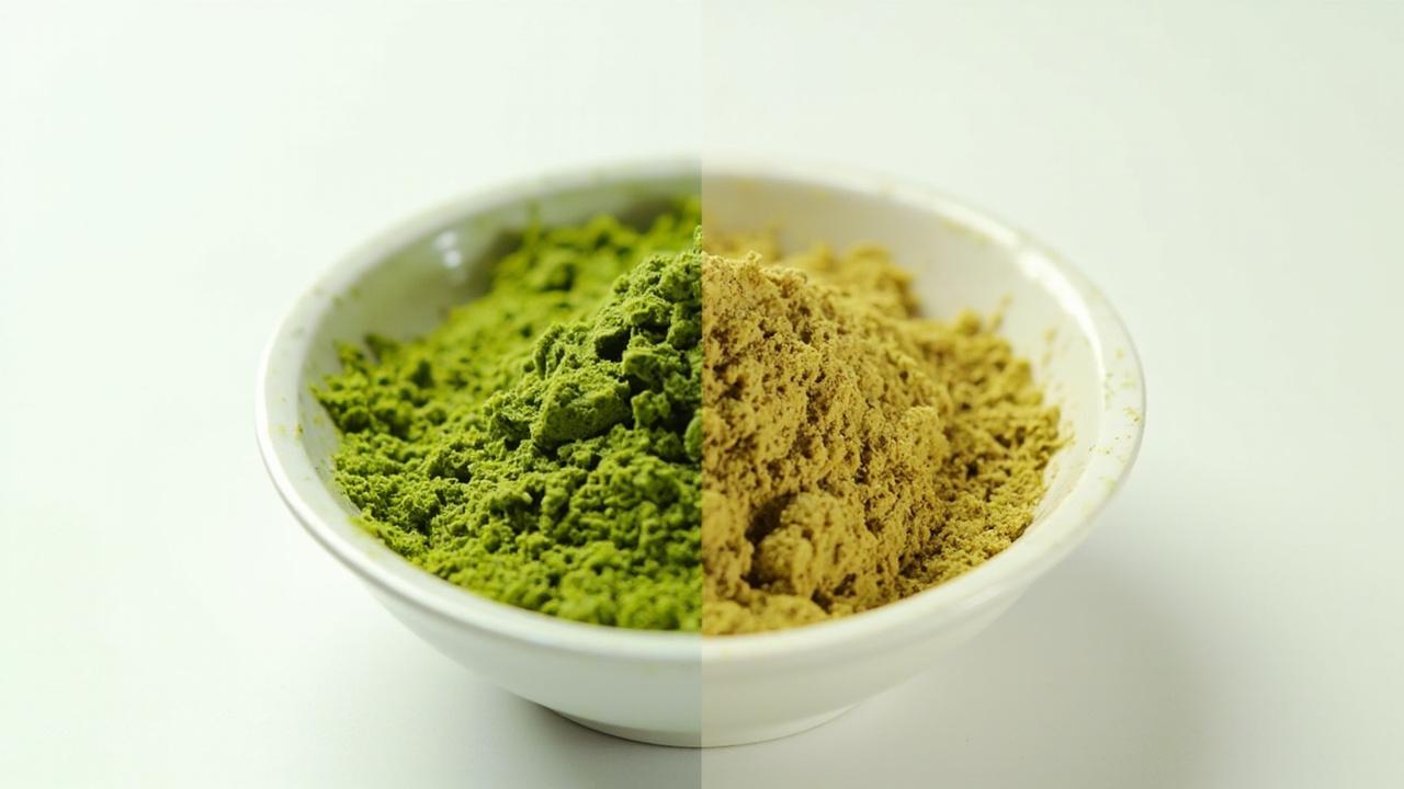 Fresh jade-green matcha beside dull yellow-brown stale matcha.