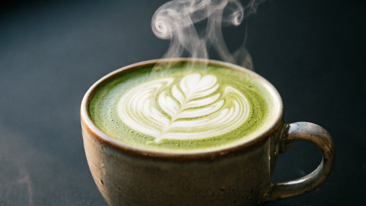 A finished matcha latte with light foam, served in a ceramic cup.