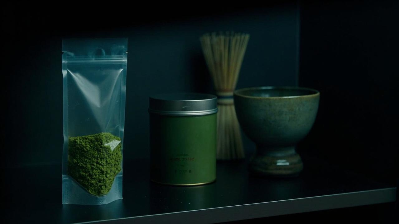 Sealed matcha tin next to chasen and chawan on a pantry shelf.