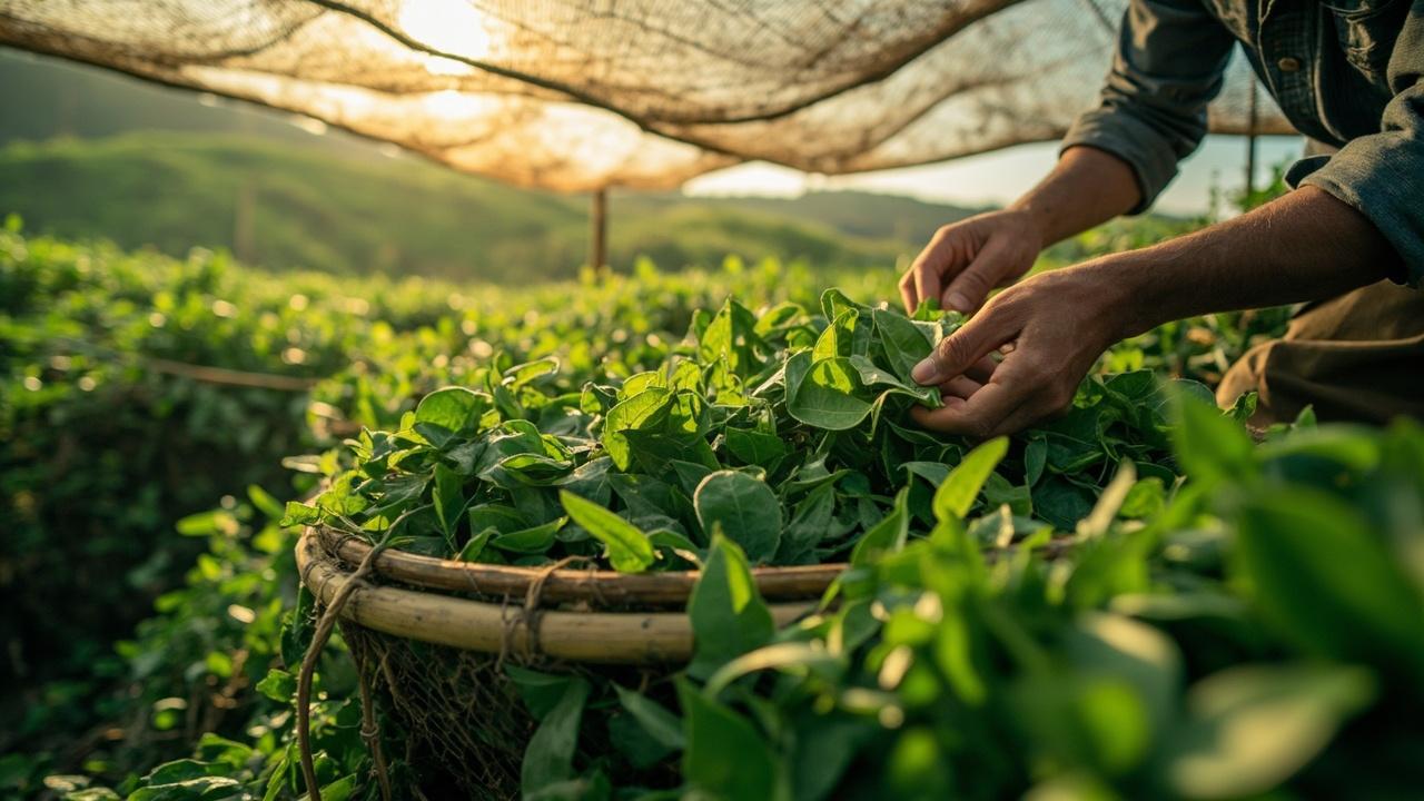 Workers hand-picking tencha leaves from shade-grown bushes.