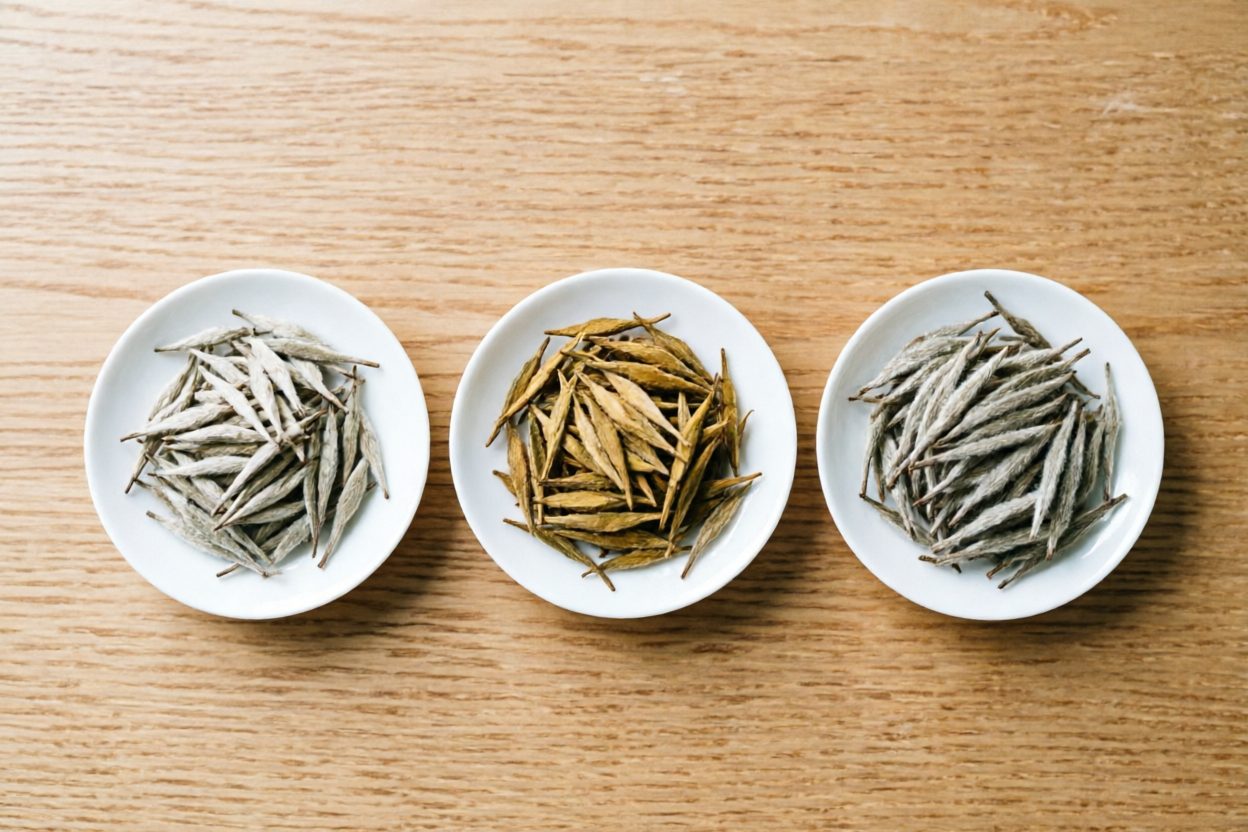 Three small white porcelain dishes of Silver Needle white tea buds arranged in a row on a pale wood surface, photographed from above. Each dish shows buds at slightly different stages of color and length. Image is a decorative illustration of the grade concept; refer to the article body text for details on Fuding vs Zhenghe bud purity.