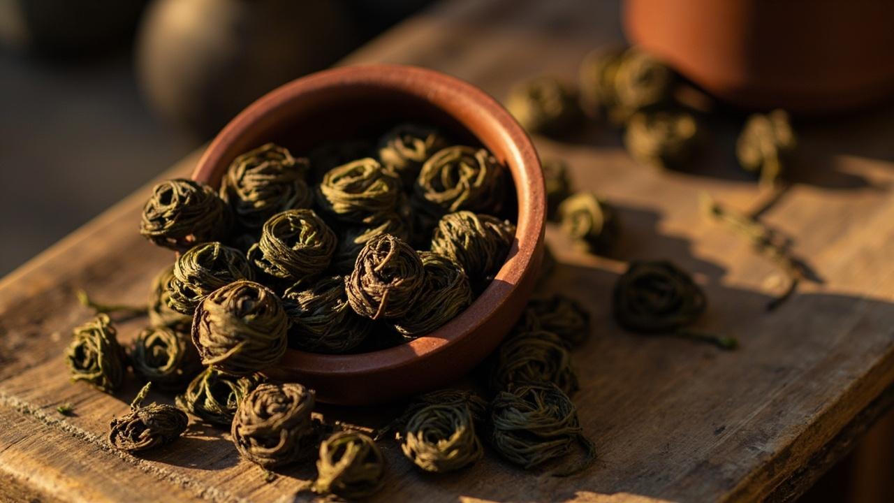 Rolled Tie Guan Yin oolong leaves on a ceramic plate.