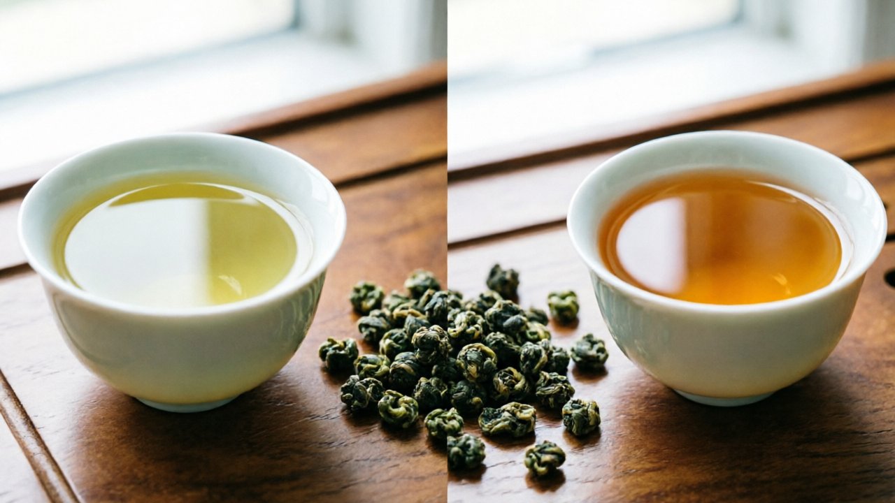 Two small porcelain cups of Tieguanyin brewed liquor with a dish of rolled Tieguanyin pellets between them: pale yellow-green qingxiang liquor on the left, gold-amber nongxiang liquor on the right. Image is decorative; refer to article body text for the side-by-side grade comparison.
