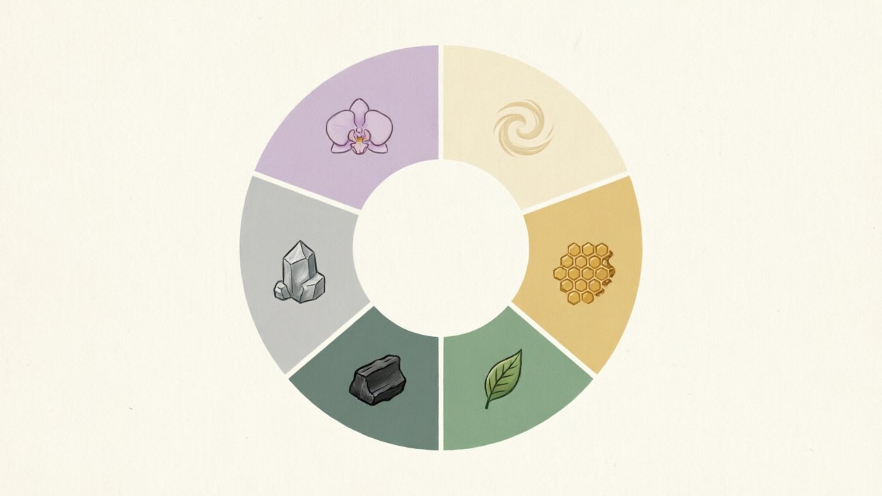 Six circular icons arranged in a wheel pattern evoking the Tieguanyin aroma family: an orchid, a swirl of cream, a honeycomb, a mineral stone, a piece of charcoal, and a crystal. Photo used as a decorative cue — refer to article body text for the labeled aroma list.
