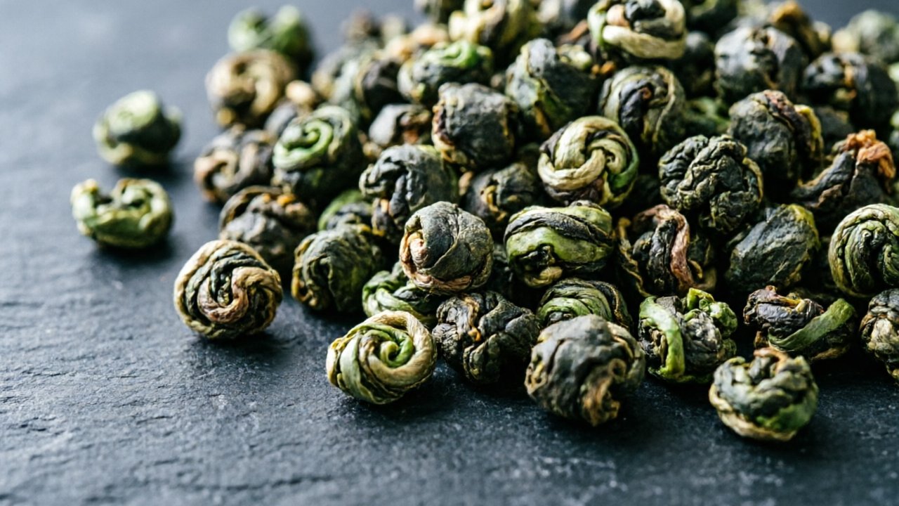 Tightly rolled Tieguanyin oolong pellets before brewing
