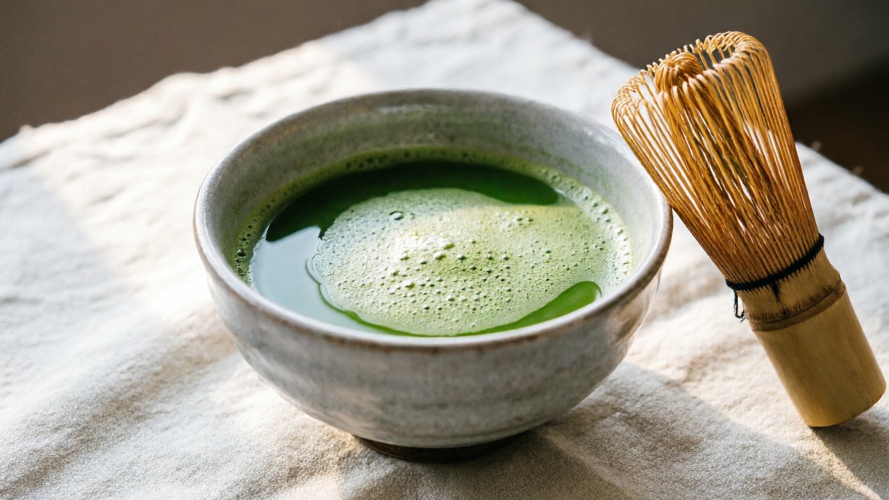 Whisked matcha cup as a high-end caffeine reference serving