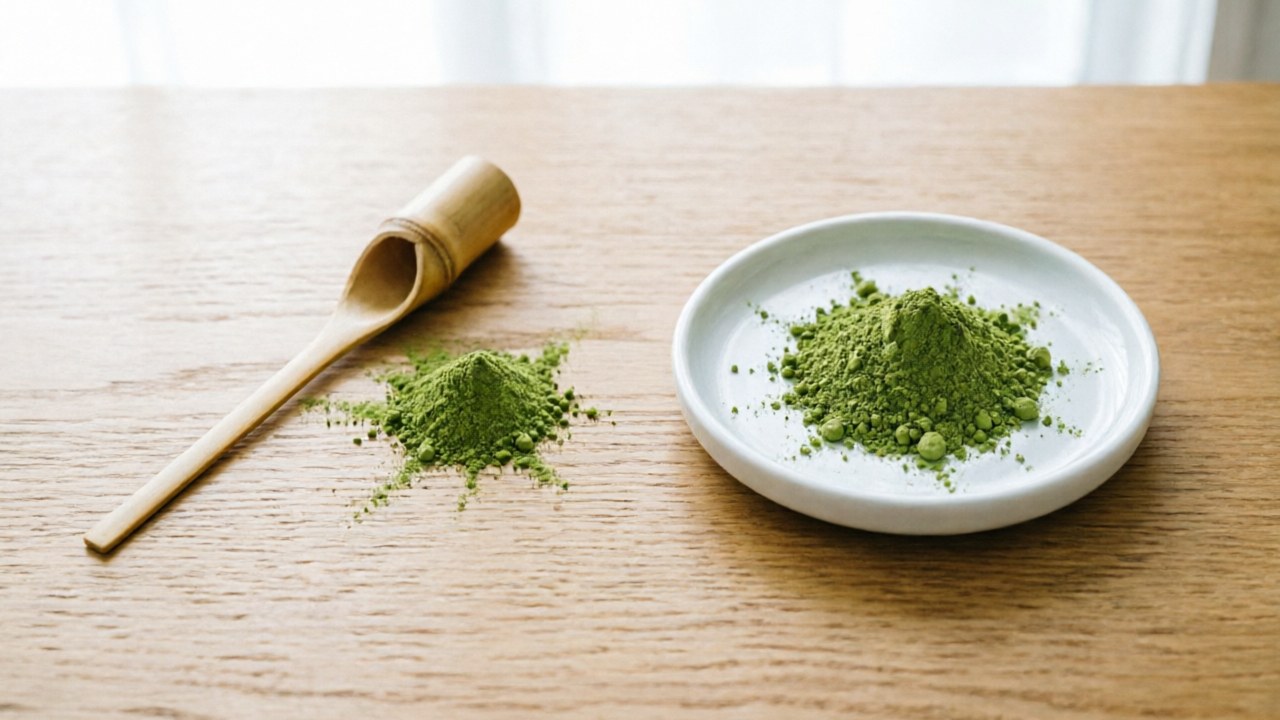 A bamboo matcha scoop next to a small porcelain dish of green matcha powder, photographed on a pale wood surface. Image is decorative — refer to the article body text for caffeine-dose measurement details.